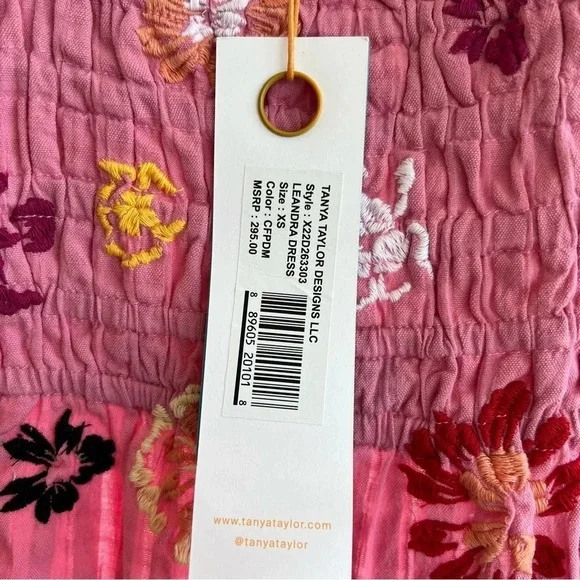 Tanya Taylor Embroidered Floral Smocked Tie Strap Midi Dress Pink XS NWT  Swim